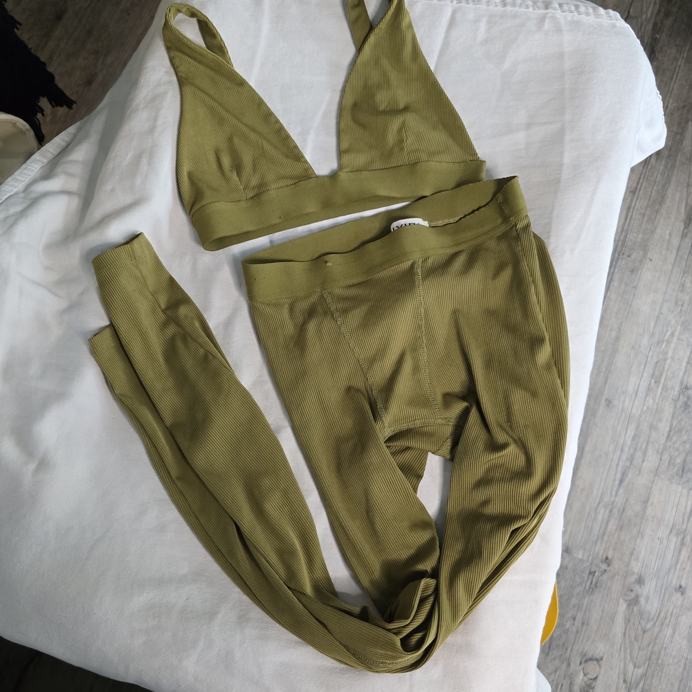 Olive Green Ribbed Bra & Leggings Set | Size Small | Lounge or Workout